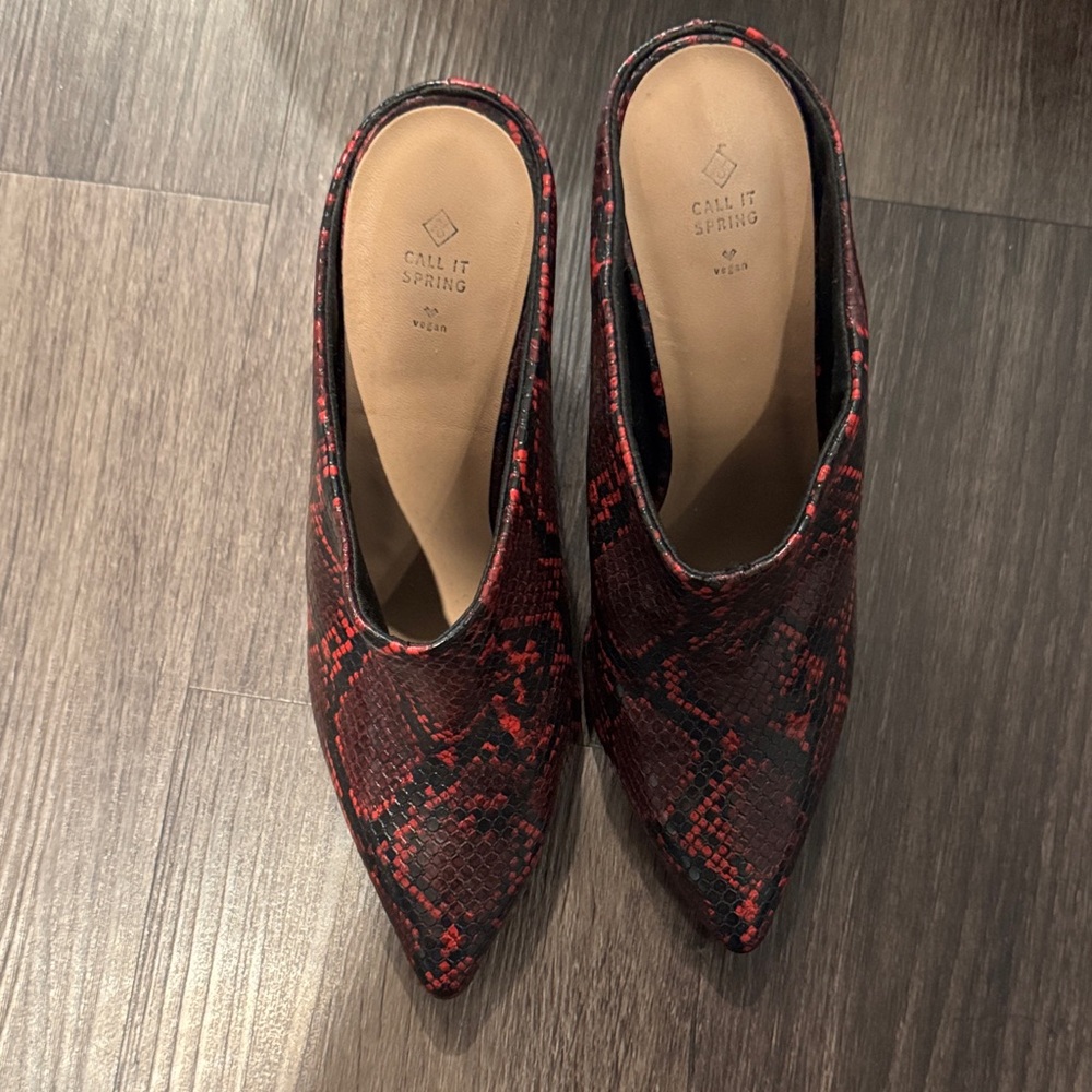 Call It Spring Black and Red Snake Print Mules
